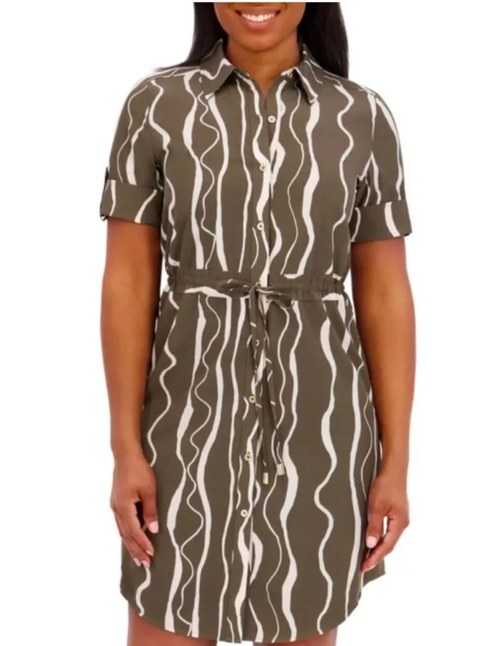 H by Halston Olive and White Wavy Stripe Shirt Dress